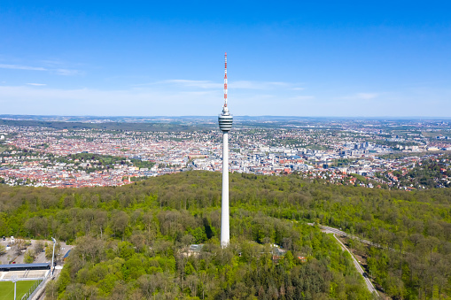 Stuttgart tv tower skyline aerial photo top view town architecture travel from above