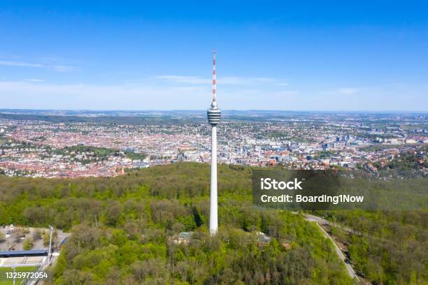 Stuttgart Tv Tower Skyline Aerial Photo Top View Town Architecture Travel Stock Photo - Download Image Now