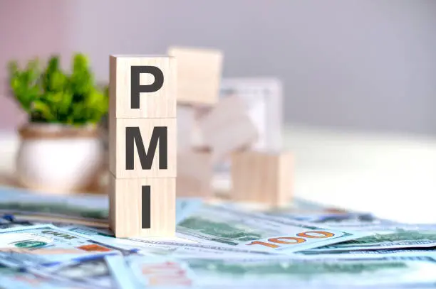 Photo of wooden cubes with the letters PMI arranged in a vertical pyramid on banknotes, business concept