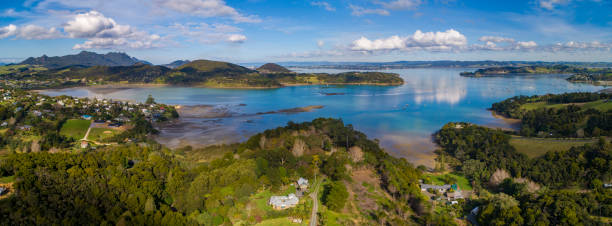 Whangarei Heads countryside aerial view in Whangarei, New Zealand Whangarei Heads countryside aerial view in Whangarei, New Zealand northland new zealand stock pictures, royalty-free photos & images