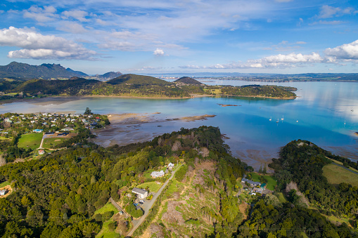 Whangarei Heads countryside aerial view in Whangarei, New Zealand