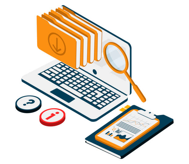 isometric vector illustration on a gray background, magnifying glass near the computer look at the folders with files, working with files isometric vector illustration on a gray background, magnifying glass near the computer look at the folders with files, working with files file clerk stock illustrations