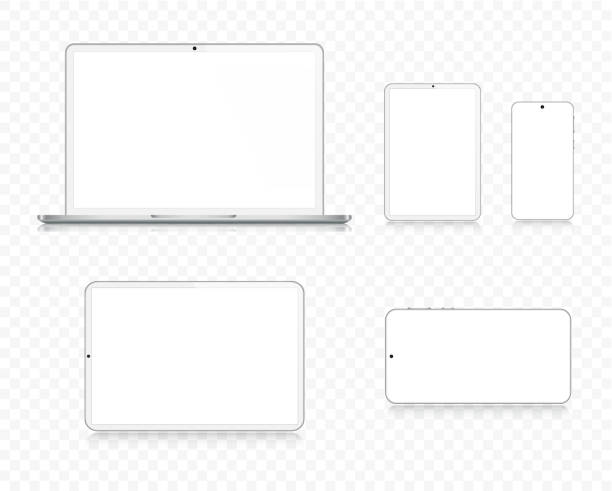 laptop, tablet, smartphone, handy in silber farbe mit reflexion und transparentem hintergrund, realistische vektor-illustration - white tablet stock-grafiken, -clipart, -cartoons und -symbole
