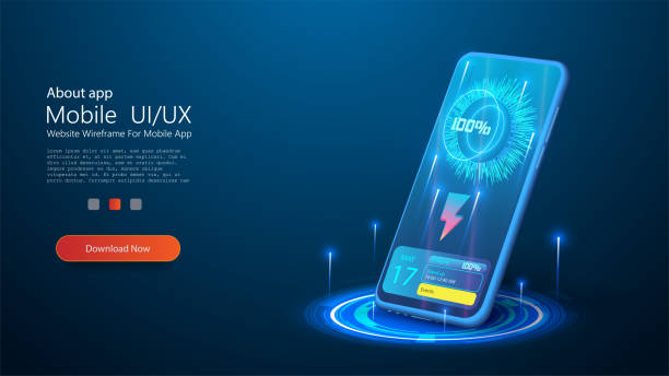 Wireless charging of the smartphone battery. Future concept. The progress of charging the battery of the phone. Wireless charging technology concept on blue background. Modern battery refuels. 3D Wireless charging of the smartphone battery. Future concept. The progress of charging the battery of the phone. phone screen low battery stock illustrations