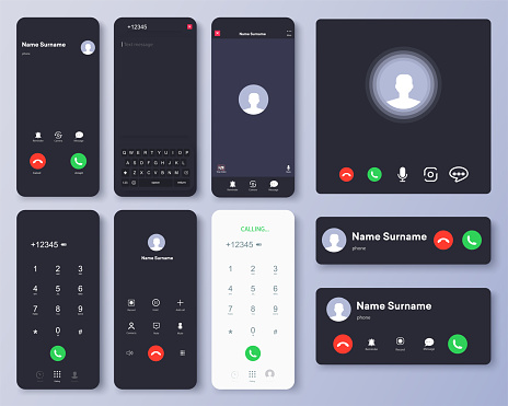 Mockup incoming call, voicemail screen, smartphone interface vector template. Flat UI, UX for application. New Call screen template.