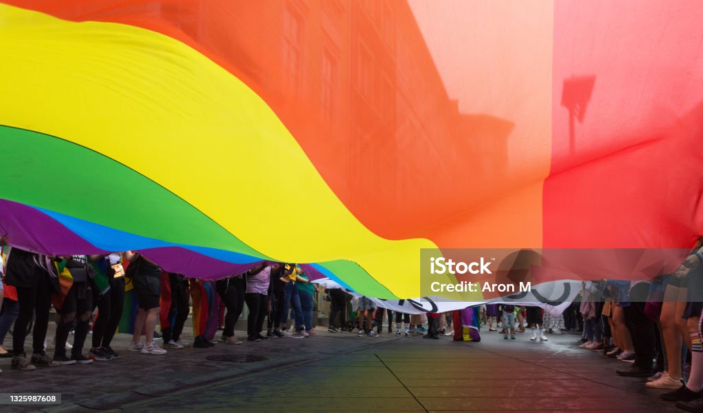 Rainbow flag for the annual gay parade in Graz, Austria. Rainbow flag for the annual gay parade in Graz, Austria LGBTQIA Rights Stock Photo