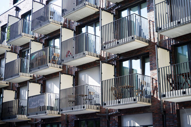 small balconies at a student residence many small balconies with tables and chairs at a student residence in cologne college dorm photos stock pictures, royalty-free photos & images
