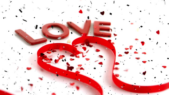 Animation of word love and heart shape of red ribbon with red hearts and confetti falling on white