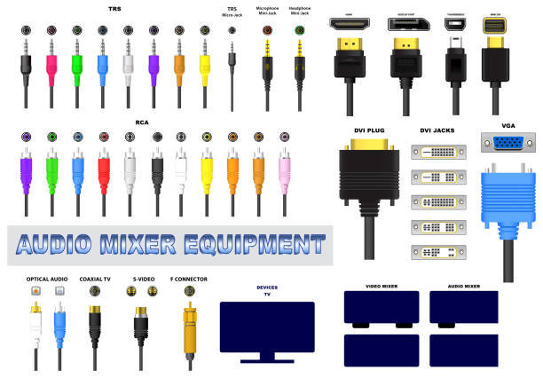 ilustraciones, imágenes clip art, dibujos animados e iconos de stock de varios conectores de conector de audio para el sistema de sonido o el conector del mezclador de audio universal usb - cable audio equipment electric plug computer cable