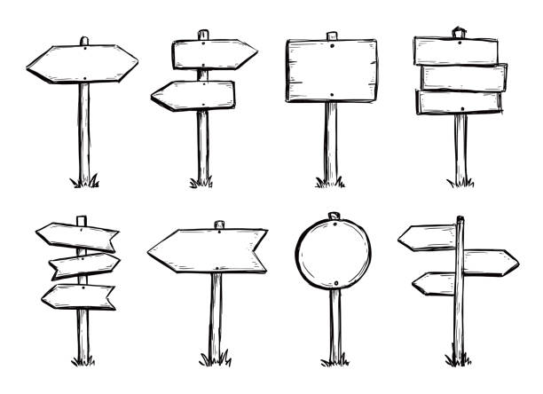 ilustrações de stock, clip art, desenhos animados e ícones de hand drawn set of road direction sign - cutting board plank wood isolated