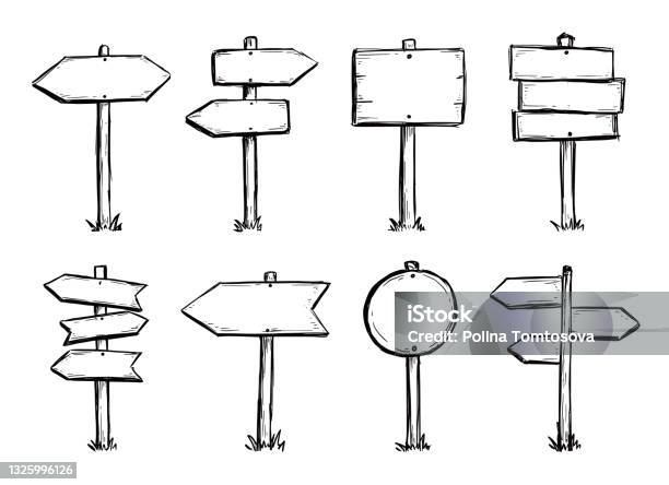 Hand Drawn Set Of Road Direction Sign Stock Illustration - Download Image Now - Sign, Directional Sign, Road Sign