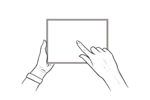 illustrazioni stock, clip art, cartoni animati e icone di tendenza di mani che tengono il tablet con indice che scorre in touchscreen. tavoletta orizzontale nelle mani di un essere umano. illustrazione vettoriale isolata su sfondo bianco - pizzicare illustrazioni