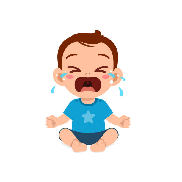 süße kleine baby junge zeigen traurigen ausdruck und weinen - babies only audio stock-grafiken, -clipart, -cartoons und -symbole