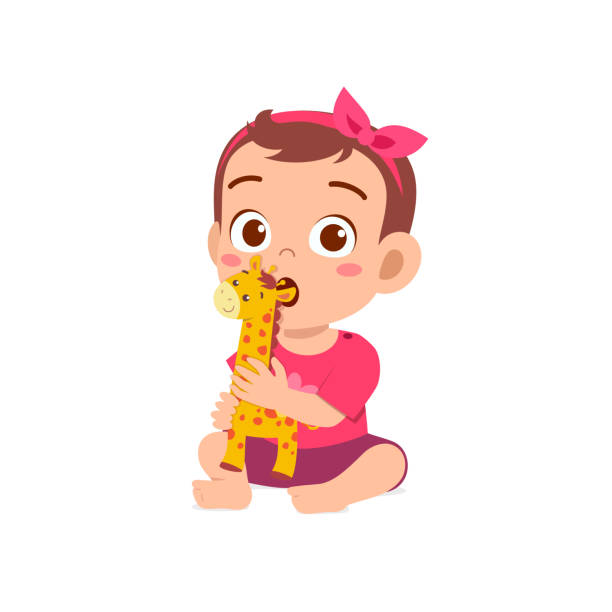 cute little baby girl playing with animal doll cute little baby girl playing with animal doll baby play stock illustrations