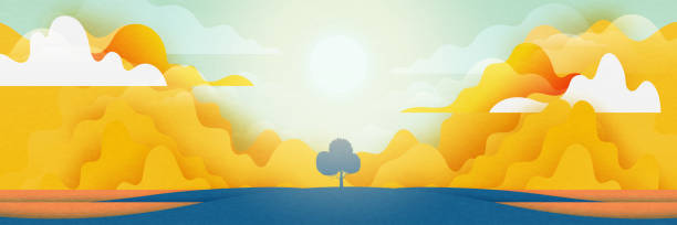 ilustraciones, imágenes clip art, dibujos animados e iconos de stock de vista del paisaje de coloridos prados y montañas en un día soleado. panorama plano de primavera verano hermosa naturaleza bosque escénico en el fondo del horizonte. ilustración vectorial. - tree silhouette meadow horizon over land