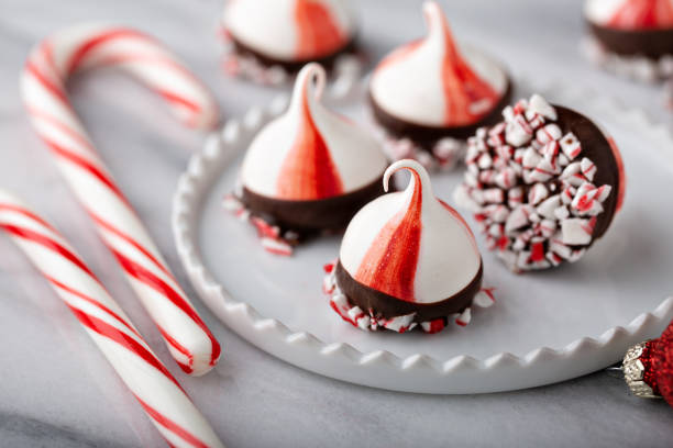 Peppermint meringue kisses dipped in dark chocolate