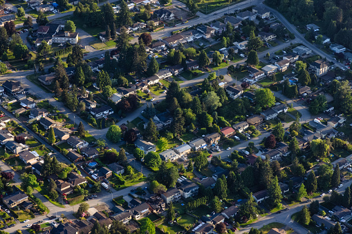 Aerial View from an Airplane of Residential Homes in Surrey, Greater Vancouver, British Columbia, Canada.