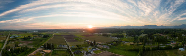 Aerial Panoramic View of Farm Fields in Fraser Valley Aerial Panoramic View of Farm Fields in Fraser Valley during colorful Sunset. Taken in Langley, Greater Vancouver, British Columbia, Canada. vancouver canada photos stock pictures, royalty-free photos & images