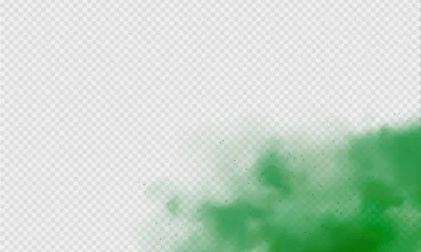 Vector illustration of Green fog or smoke. Green dust with particles. Smoke or dust isolated on transparent background. Abstract mystical gas. Vector illustration.