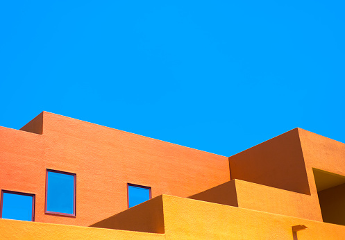 Santa Fe, NM: Detail of the Zocolo condominiums, designed by Mexican architect Ricardo Legorreta, north of downtown Santa Fe.