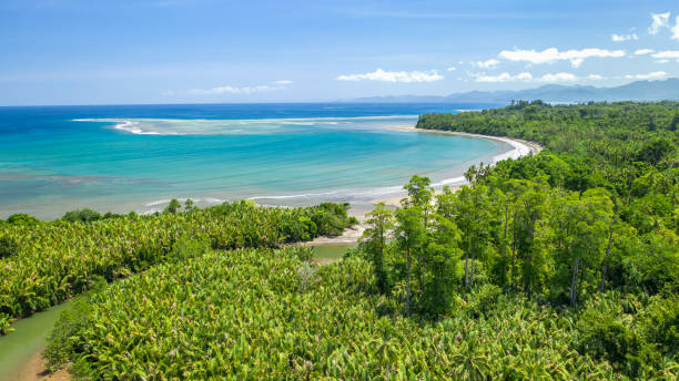 bright sunny day showing a bay and creek in the north-eastern coastline of choiseul island, solomon islands. - ceremonial dancing imagens e fotografias de stock