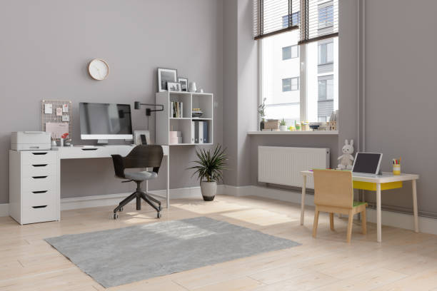 istock Working At Home Concept During Covid-19 Pandemic. Home Office Interior Organized For Working In The Same Room With Parents And Child 1326009526