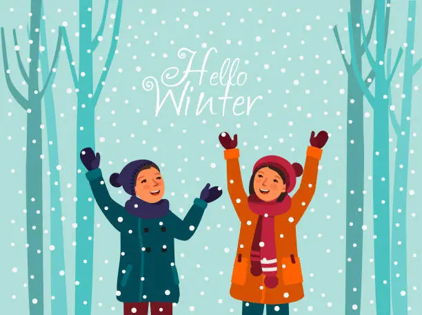 Vector illustration of Happy and smiling girl and boy having fun outdoor in winter forest under snowflakes. Magic snowfall. Christmas and New Year vector illustration