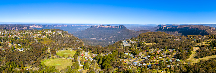 Aerial panoramic view of Katoomba NSW, Australia.The Three Sisters to the left, and scenic world to the right.  With Kanangra valley and Mount Solitary.