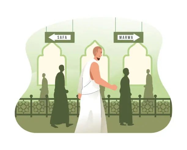 Vector illustration of Hajj pilgrims perform sa'i walking and running between Safa and Marwa