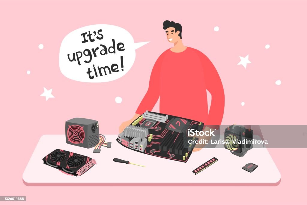 Man With Computer Components And Phrase Its Upgrade Time Isolated On ...
