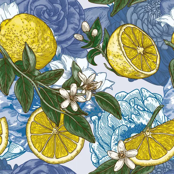 Vector illustration of Blue Floral Seamless Pattern with Lemon Print
