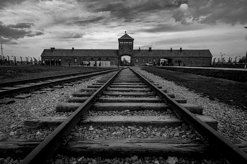 Auschwitz II-Birkenau gatehouse; the train track, in operation May–October 1944, led directly to the gas chambers.