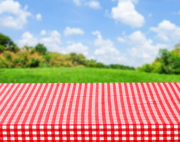istock Empty table with red and white tablecloth over blurred park nature background, for product display montage, spring and summer 1326020416