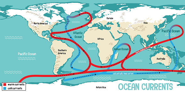 Ocean currents on world map background illustration