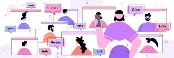 люди, использующие мобильное приложение перевода многоязычный приветствие международных онлайн-коммуникаций - simultaneous interpreter stock illustrations