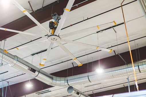 Business and Industry in Western USA Large Warehouse Manufacturing Plant Ceiling Fan Matching 4K Video Available (Shot with Canon 5DS 50.6mp photos professionally retouched - Lightroom / Photoshop - original size 5792 x 8688 downsampled as needed for clarity and select focus used for dramatic effect)