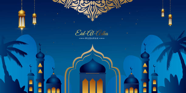 eid al adha mubarak powitanie tle ilustracji wektor, piękny meczet z arabskimi latarniami i gwiazdami, muzułmański festiwal społeczności. - eid stock illustrations
