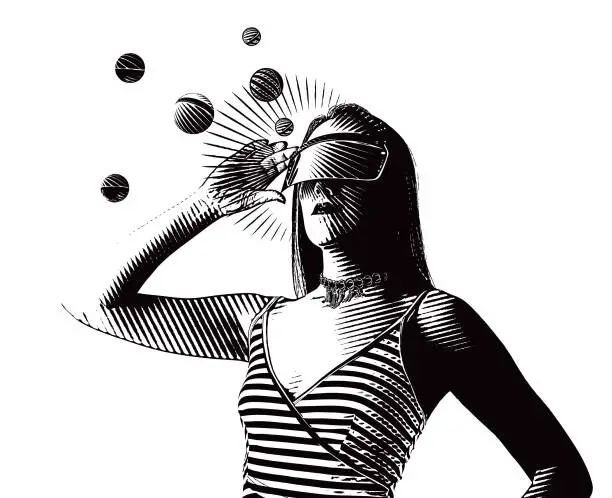 Vector illustration of Young woman using virtual reality simulator