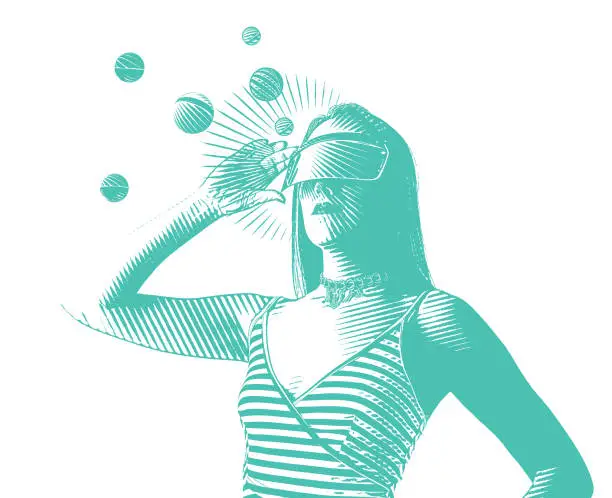 Vector illustration of Young woman using virtual reality simulator