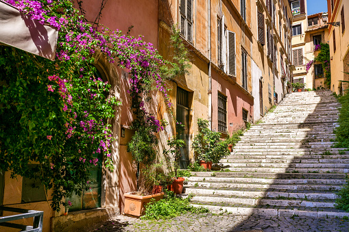 A beautiful alley with a stairway in the Monti district in the historic heart of Rome