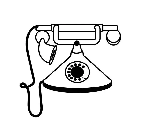 Vector illustration of A retro phone with a dial and a handset in a linear style. A contour image of a home item on a white background. An element for the design of layouts or catalogs.