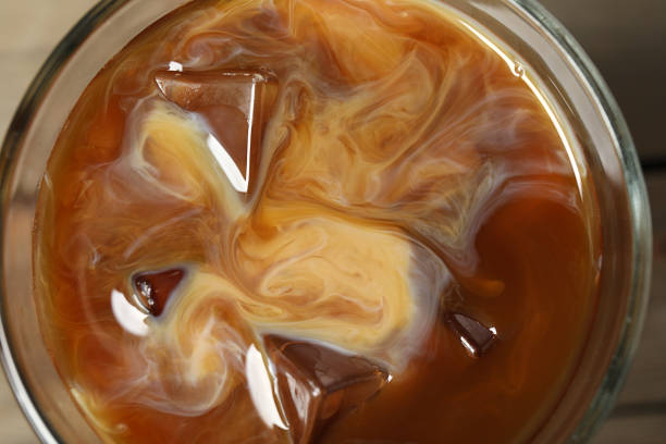 istock Coffee with milk and ice cubes in glass, top view 1326031031
