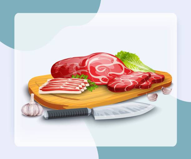 Meat steak chopped and bacon on wooden board with kitchen knife and garlic vector Meat steak chopped and bacon on wooden board with kitchen knife and garlic vector illustration raw diet stock illustrations