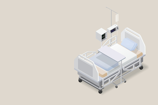 Isometric hospital bed that are ready to treat infected people with heart rate monitor and high flow oxygen machine Supporting patients from epidemic of COVID-19 or corona virus Management of beds for quarantine of infected people