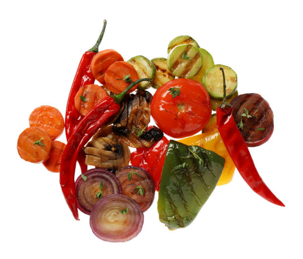 istock Different delicious grilled vegetables on white background, top view 1326032129