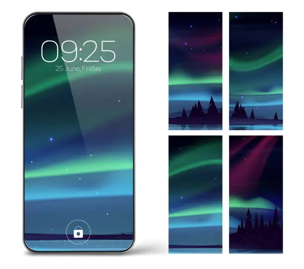 Vector illustration of Smartphone lock screen with aurora borealis