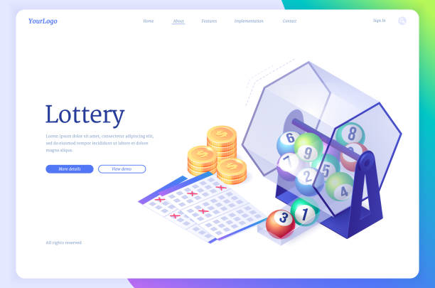 Lottery isometric landing page. Wheel drum machine Lottery isometric landing page. Wheel drum machine with lotto balls inside, tickets with crossed lucky numbers and gold coins. Instant win, internet leisure, bingo gambling game, 3d vector web banner tie game stock illustrations