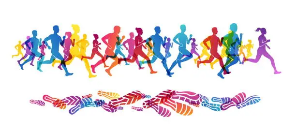Vector illustration of Colorful silhouettes of running people. Conceptual vector illustration of marathon. Sport background with mans and womans in active lifestyle.