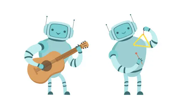 Vector illustration of Robot Musician Playing Musical Instrument Performing on Stage Vector Set