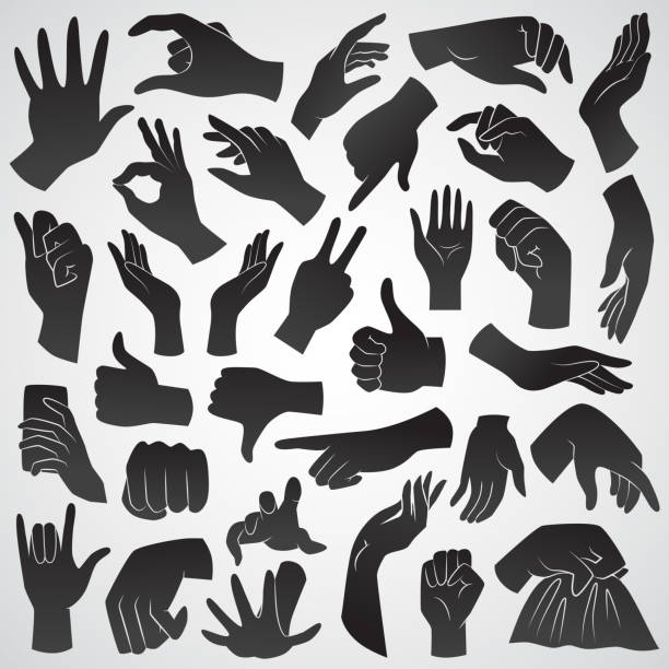 menschliche handgesten - sammlung von schwarzen, flachen, vektorsymbolen. - reaching stock-grafiken, -clipart, -cartoons und -symbole